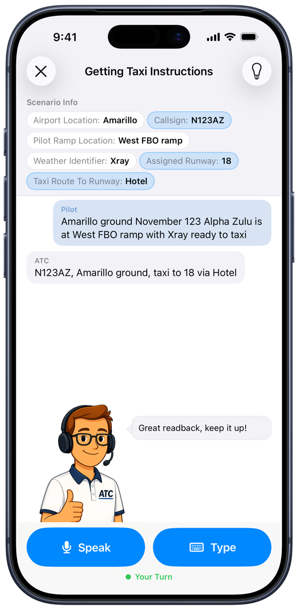 PilotSpeak taxi-instruction scenario: the pilot's readback and the controller replying "Great readback, keep it up!"