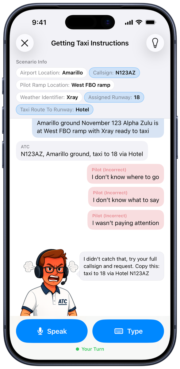 PilotSpeak marking three incorrect pilot calls, with the controller giving the exact phrasing to copy