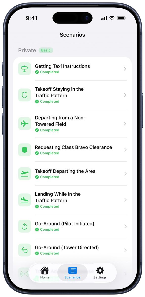 PilotSpeak scenario list showing Basic scenarios such as Getting Taxi Instructions and Requesting Class Bravo Clearance